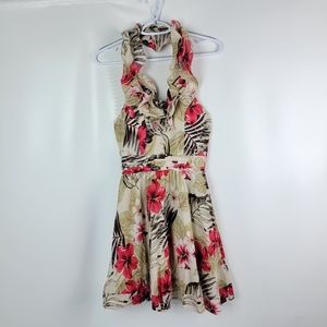 Floral Fit n Flare 100% Cotton Halter Dress Sz XS